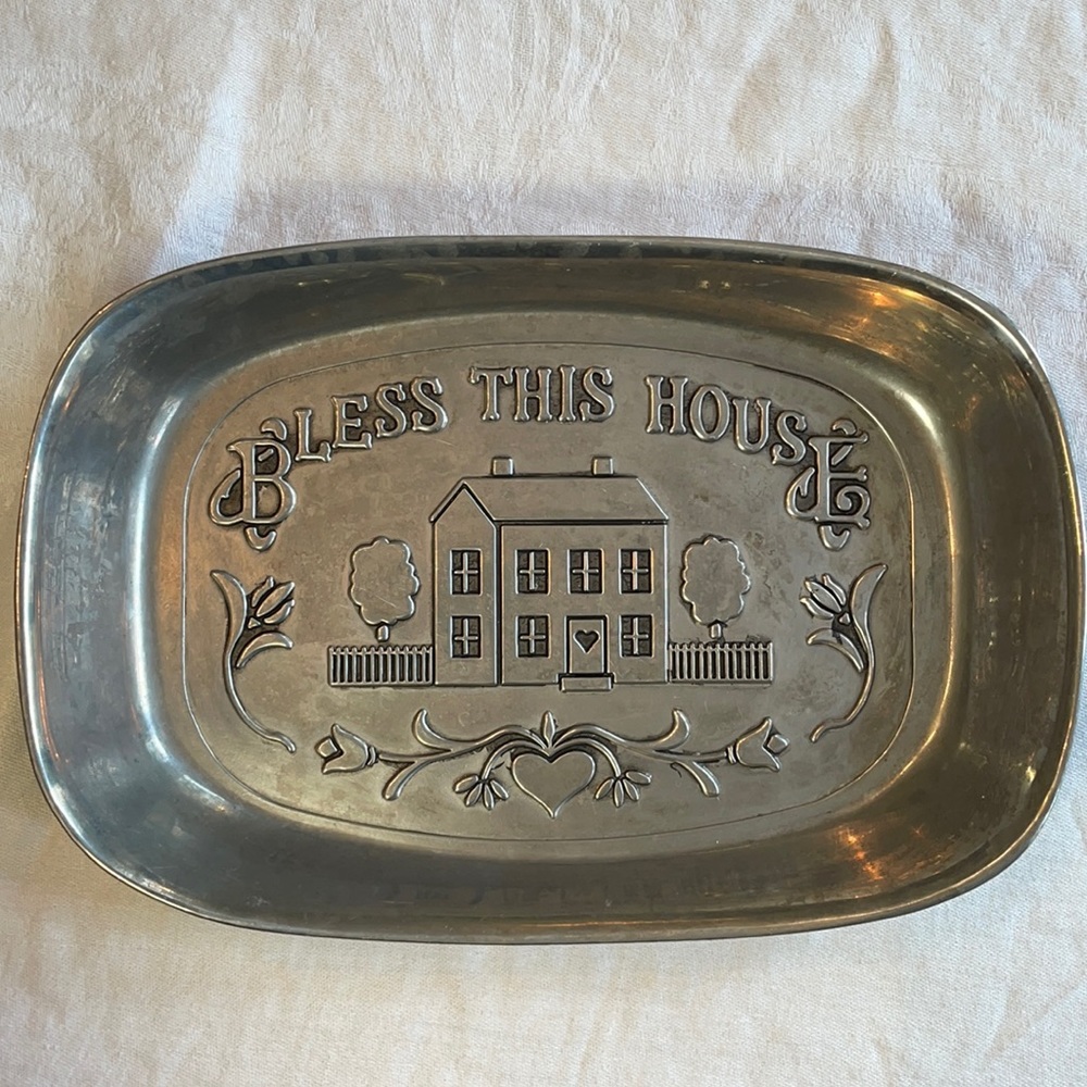 Vtg Wilton pewter “Bless This House” tray